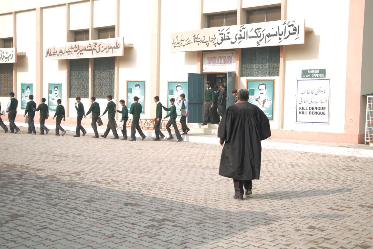 Students gathered at the school entrance